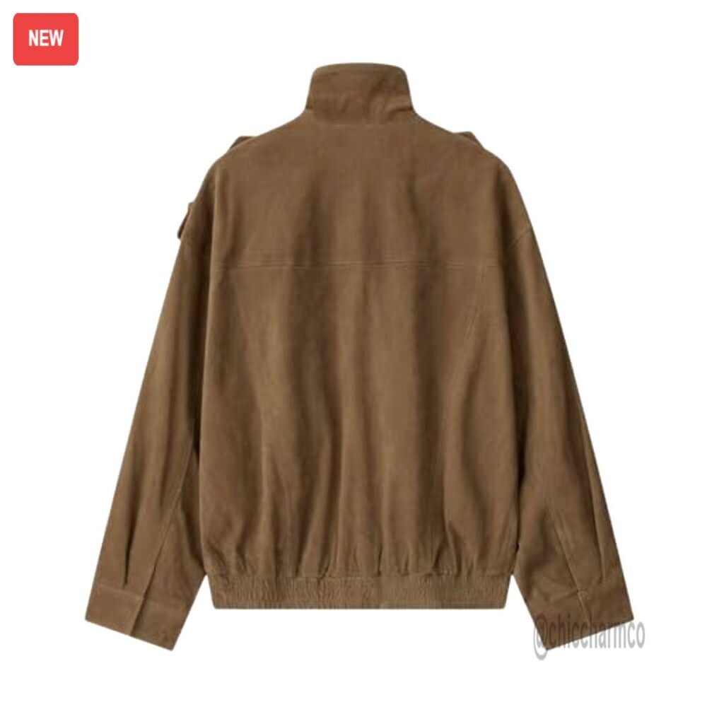 Faux Suede Leather Bomber Jacket Vintage High Collar Long Sleeve Oversized - Picture 4 of 7